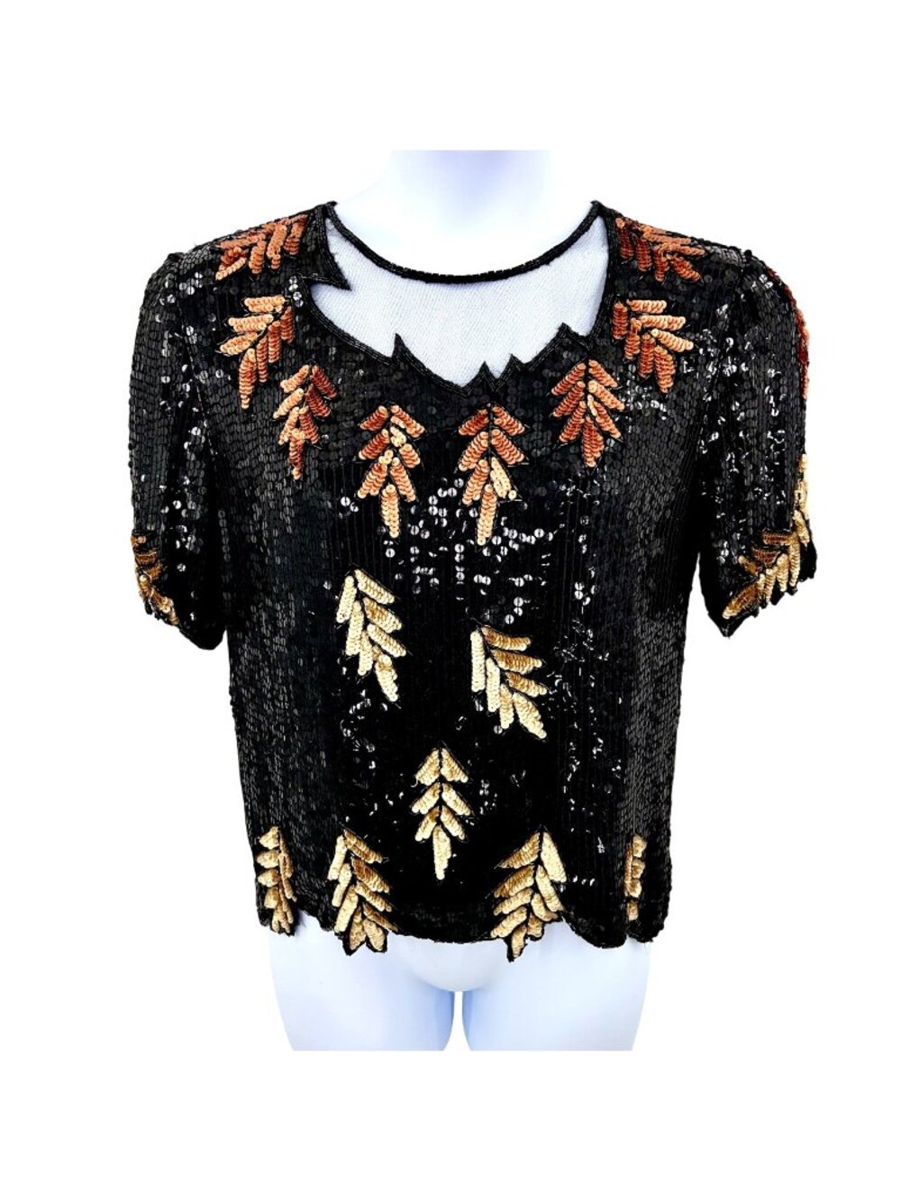 STUNNING VINTAGE ROYAL FEELINGS SEQUIN BEAD SILK LEAF SHORT SLV FORMAL TOP - L